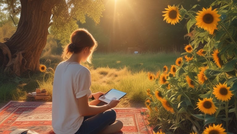 a woman sitting on a rug in the sun