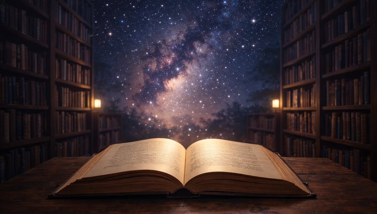 Livre ouvert face à un ciel étoilé symbolisant l’accès aux annales akashiques et aux guidances