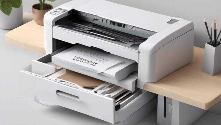 Technician carefully repairing a modern office printer with tools on a clean workspace.
