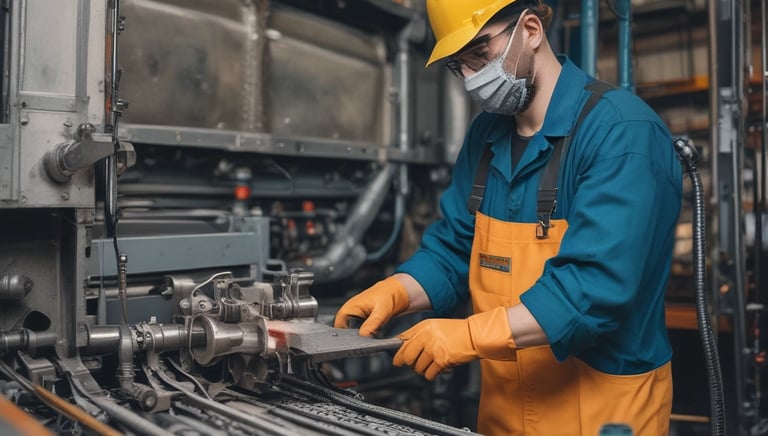 Technician performing preventive maintenance on heavy industrial machinery in a metalworking factory