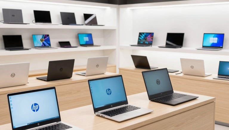 A sleek laptop open on a wooden desk with a bright, clean background.