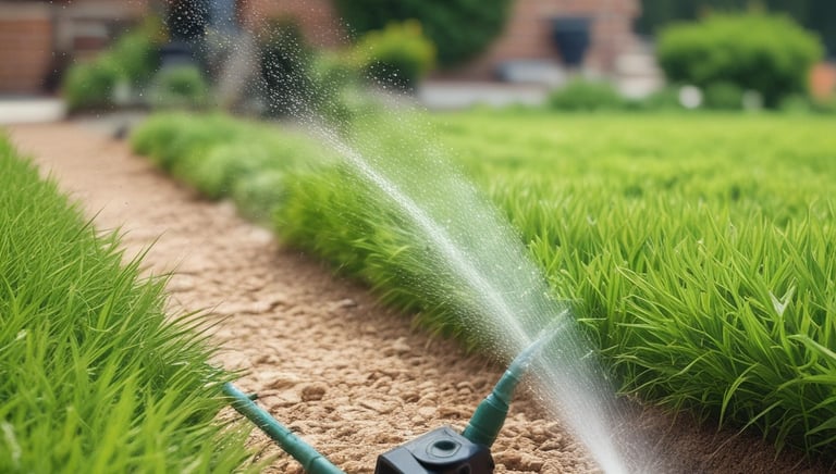 A technician examining a lush green garden while planning irrigation.