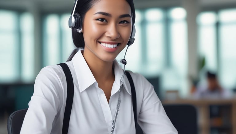 A smiling indonesian customer service representative answering a call in a bright office.