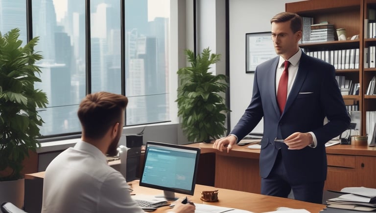 A professional consultant assisting a client with paperwork in a modern office.