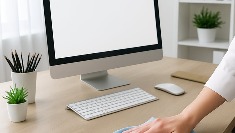 A modern office desk neatly organized with cleaning supplies nearby.