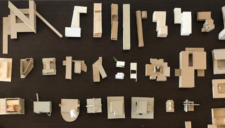 collection of models made by students at 1/300 representing icons of 20th century architecture