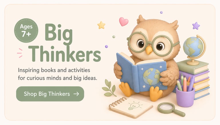 Big Thinkers educational books and activities banner featuring a cute owl reading with a globe and school supplies.