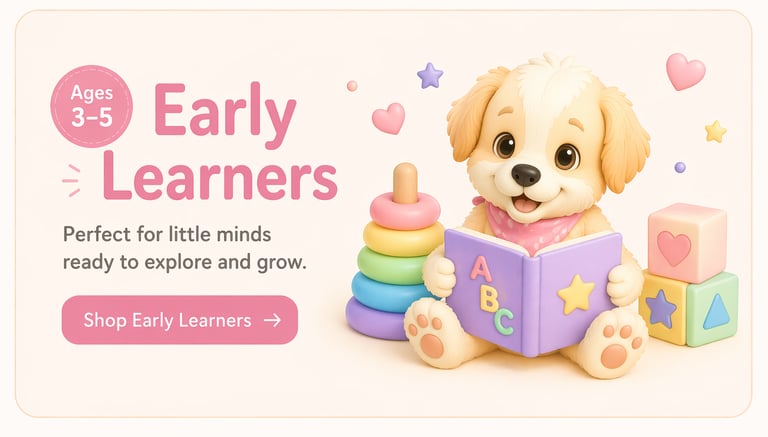 Cute puppy reading an ABC book next to colorful stacking rings and toy blocks for early learners.