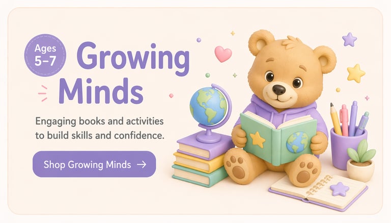Cute 3D teddy bear reading a book with educational tools for kids ages 5-7 learning activities.