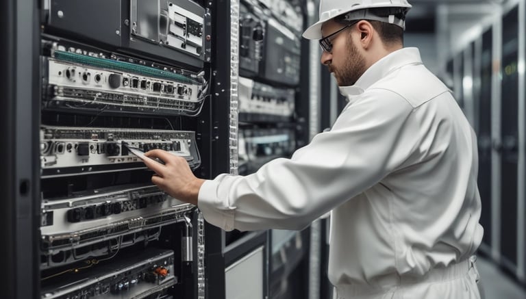 Technician carefully installing low voltage wiring inside a modern commercial building.