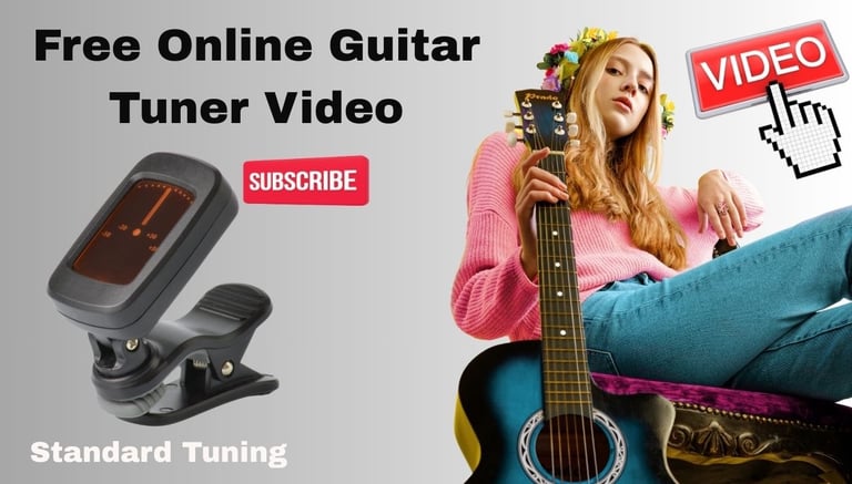 A free online guitar tuner video tutorial featuring a YouTube virtuall tuner and an acoustic guitar.