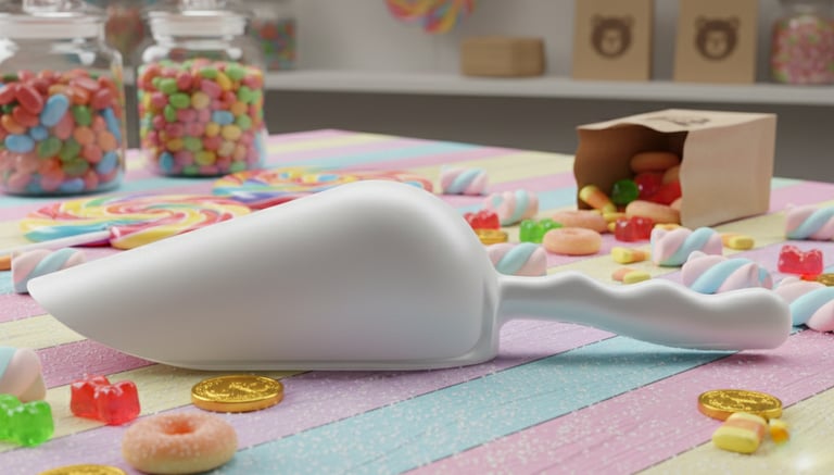 Weiße Schaufel für Bonbons. Glatte Oberfläche für die hygienische Entnahme in Fachgeschäften.