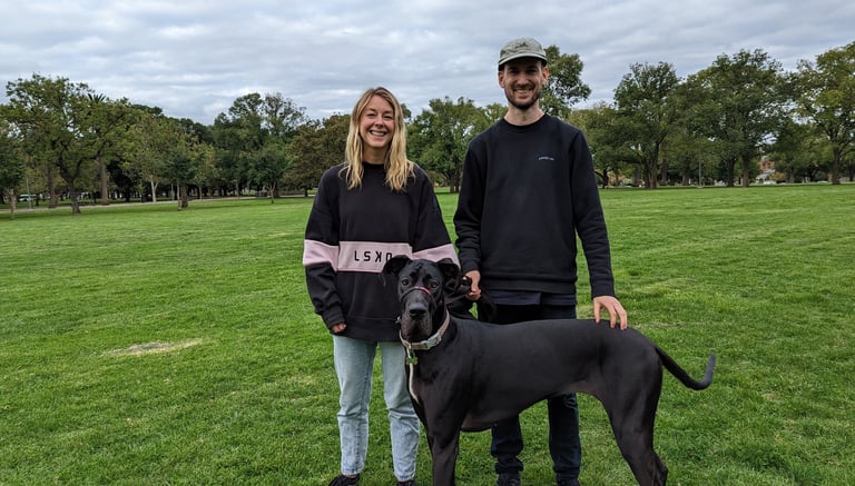 Great Dane and owners in park, smiling after successful training