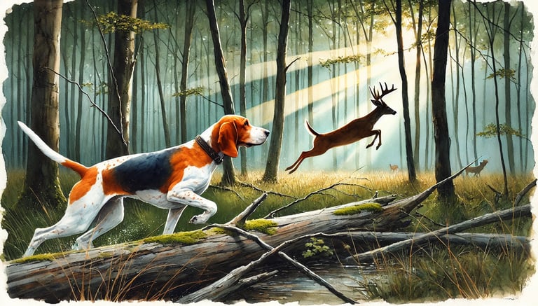 A serene watercolor depiction of a tricolor Walker Coonhound pursuing a leaping deer amidst a dense woodland.