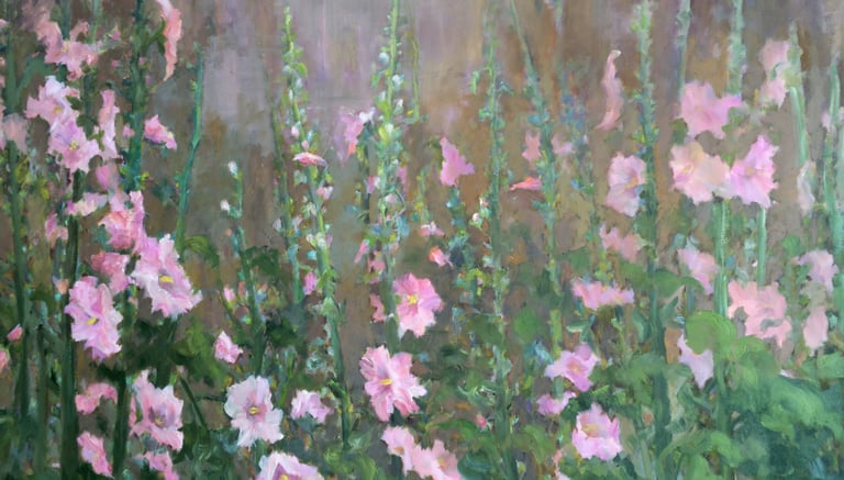 oil painting with pink upright growing flowers