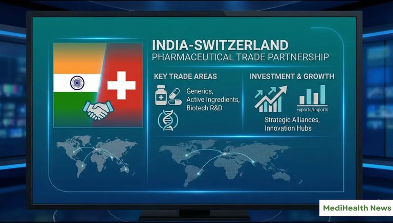 showing India-Switzerland trade partnership in pharmaceuticals, icons of medicine bottles.