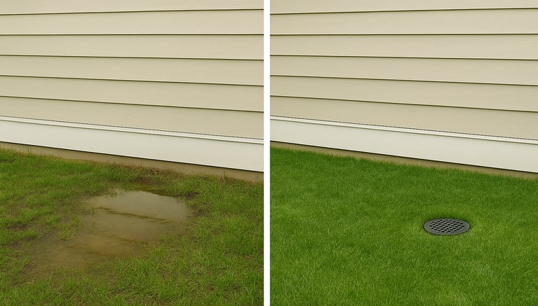 Before and after showing water puddled in yard before and a drain in yard after
