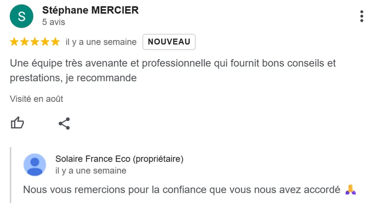 Avis client Google sur installation photovoltaïque à Lorgues avec réponse de Solaire France Eco