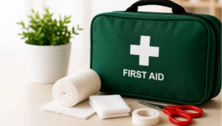 Green First aid kit on tabletop setting with scissors and bandages