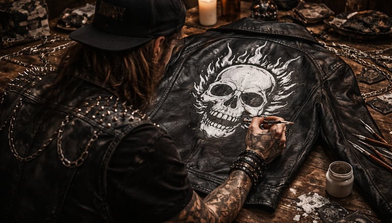 Se personaliza una chamarra de cuero con el dibujo de una calavera