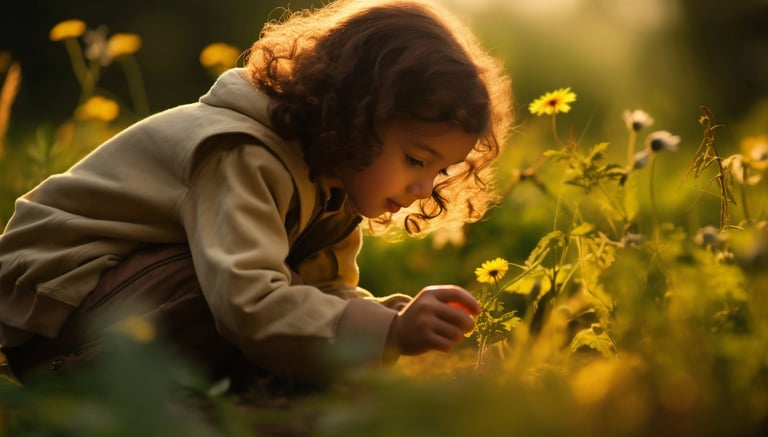 Enfant qui cueille une fleur jaune sous une lumière de soleil couchant, accès à la rubrique Les Apprentis Alchimistes