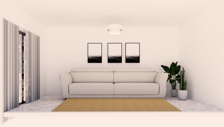 Sala de estar com sofá branco antes do projeto