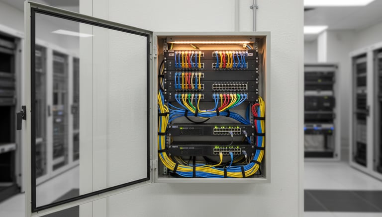 Neatly organized server rack with patch panels, switches, and color‑coded Ethernet cabling in a comm