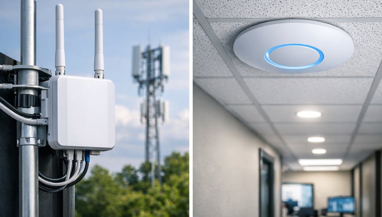 Indoor and outdoor wireless access points providing high-speed network connectivity and internet signal.