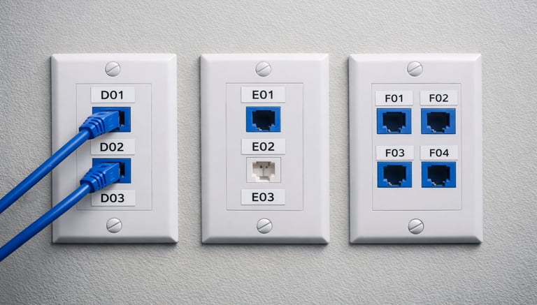 Wall‑mounted network data plates with labeled Ethernet ports and connected patch cables
