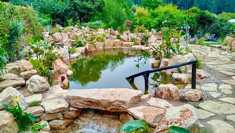 Limestone natural pool with negative edge & upflow wetland filtration – Mirando do Corvo, Portugal