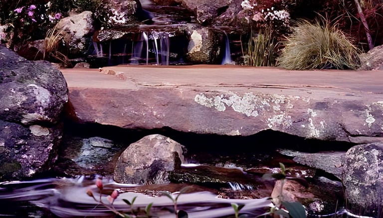 Natural pool with waterfall & 4m flagstone bridge | SF Garden Show award winner | Aqua Vitae