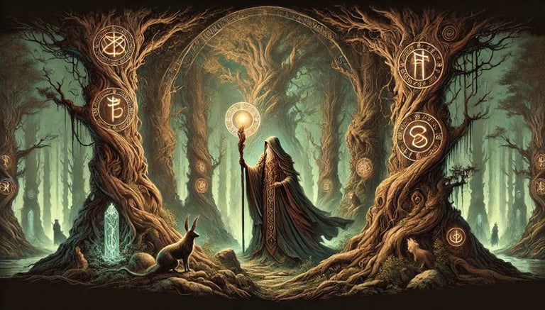 Un druide observe des runes celtique - fantasy celtique