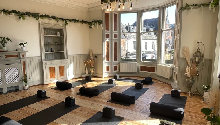 a room with a lot of yoga mats and a fireplace