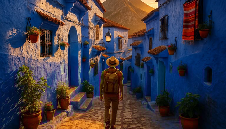Solo traveler walking through the blue-painted streets of Chefchaouen, Morocco at golden hour with Rif Mountains in the backg