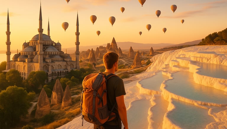 Solo backpacker overlooking a scenic blend of Turkey’s top destinations, including the Blue Mosque, Cappadocia’s hot air ball