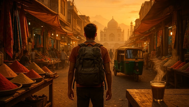 Solo backpacker walking through an Indian street market with tuk-tuk, Taj Mahal, and Himalayan mountains in the background du