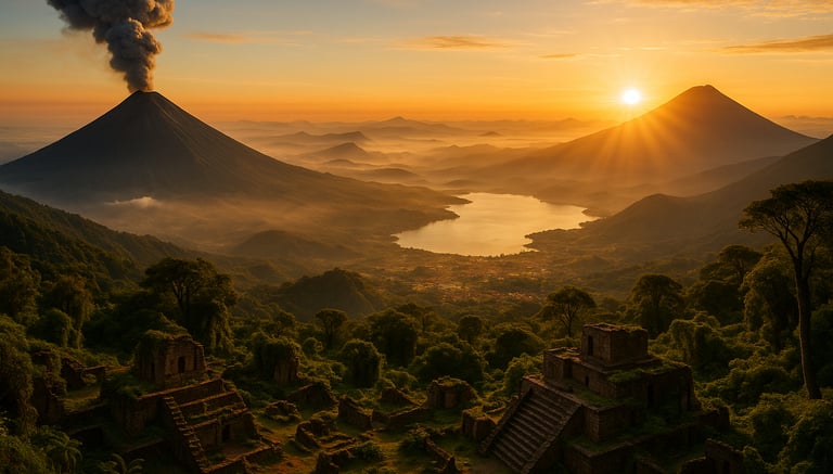 Sunrise view from Acatenango Volcano in Guatemala with erupting Volcán de Fuego in the distance, Lake Atitlán below surrounde