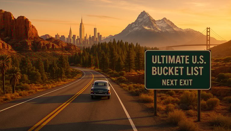 Photo-realistic American road trip scene at sunset featuring iconic U.S. landmarks like NYC skyline, red rocks of Sedona, and