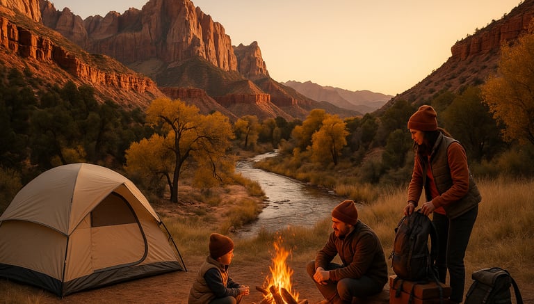 A family camping at Zion National Park, with a tent set near red rock cliffs, a father and child sit