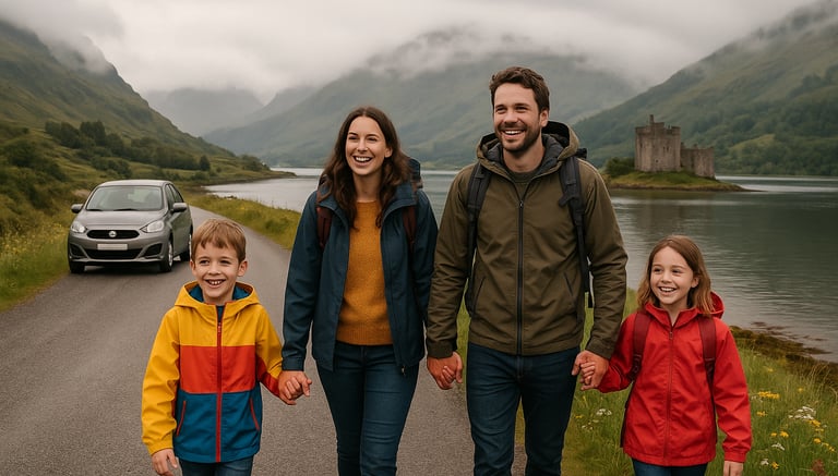 Family walking along a scenic road in the Scottish Highlands with misty mountains, a castle in the distance, and a loch nearb