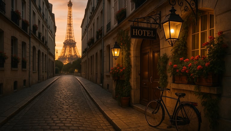 Charming boutique hotel entrance on a Paris cobblestone street with flower boxes and Eiffel Tower in the background at sunset