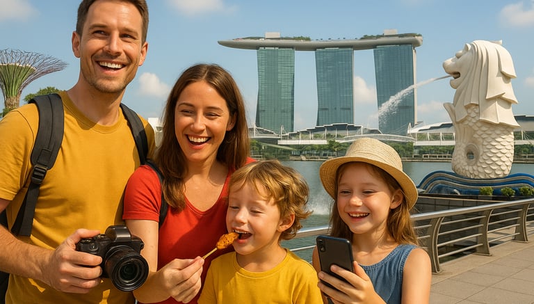 Family with kids exploring Singapore landmarks like Marina Bay Sands, Supertree Grove, and the Merlion on a sunny day, enjoyi