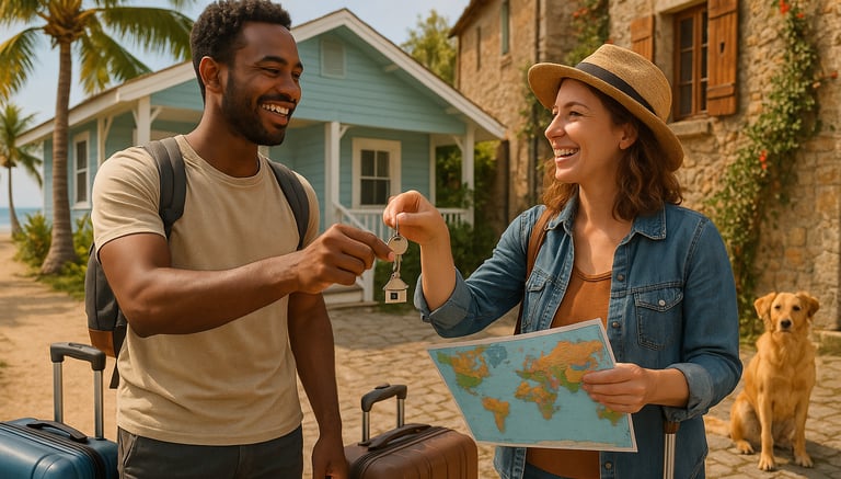 Two travelers exchanging house keys in front of different styled homes—one tropical and one European—symbolizing a home swap.