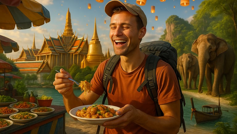 Vibrant photo collage of budget travel in Thailand featuring a smiling backpacker, street food stall, temples, lanterns, isla
