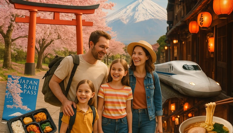 Family walking under cherry blossoms in Japan with Mt. Fuji, a bullet train, and traditional temples in the background—captur