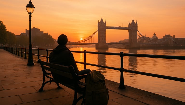 Solo traveler with a backpack watching sunrise over Tower Bridge in London, sitting by the River Thames — peaceful budget tra