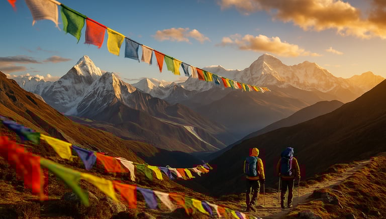 Trekking in Nepal’s Himalayas with Ama Dablam and Mount Everest at golden hour, colorful prayer flags in the foreground, and 