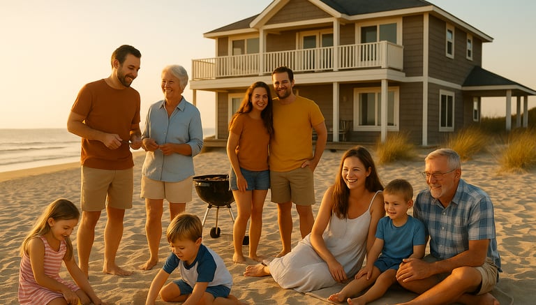 A large multi-generational family enjoying a beach vacation at sunset, with children playing in the sand, adults chatting and
