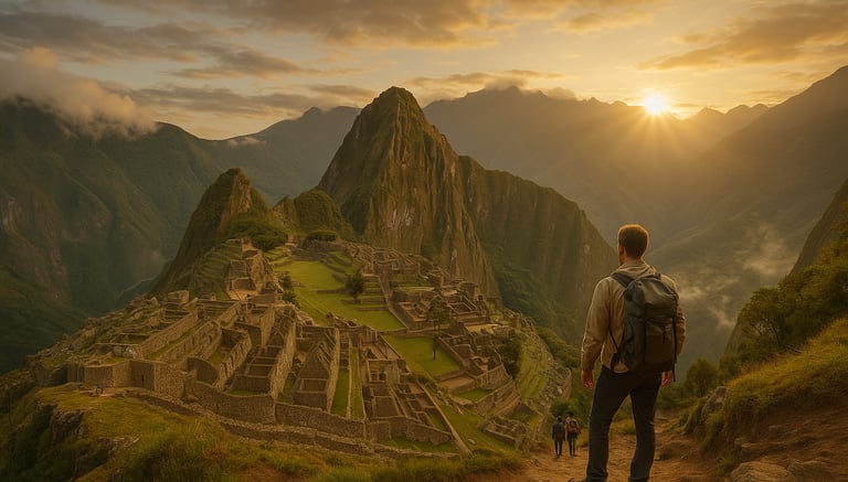 Backpackers overlooking Machu Picchu at sunrise, with misty Andes mountains and terraced ruins glowing in golden morning ligh