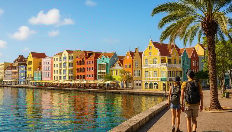 Colorful waterfront buildings in Willemstad, Curaçao with two backpackers walking along a palm-lined promenade beside calm tu
